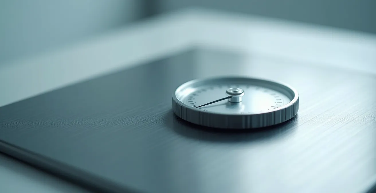 Vue macro d'une balance médicale montrant une mesure stable