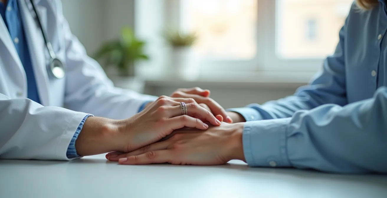Mains entrecroisées d'un couple en discussion dans un environnement médical épuré