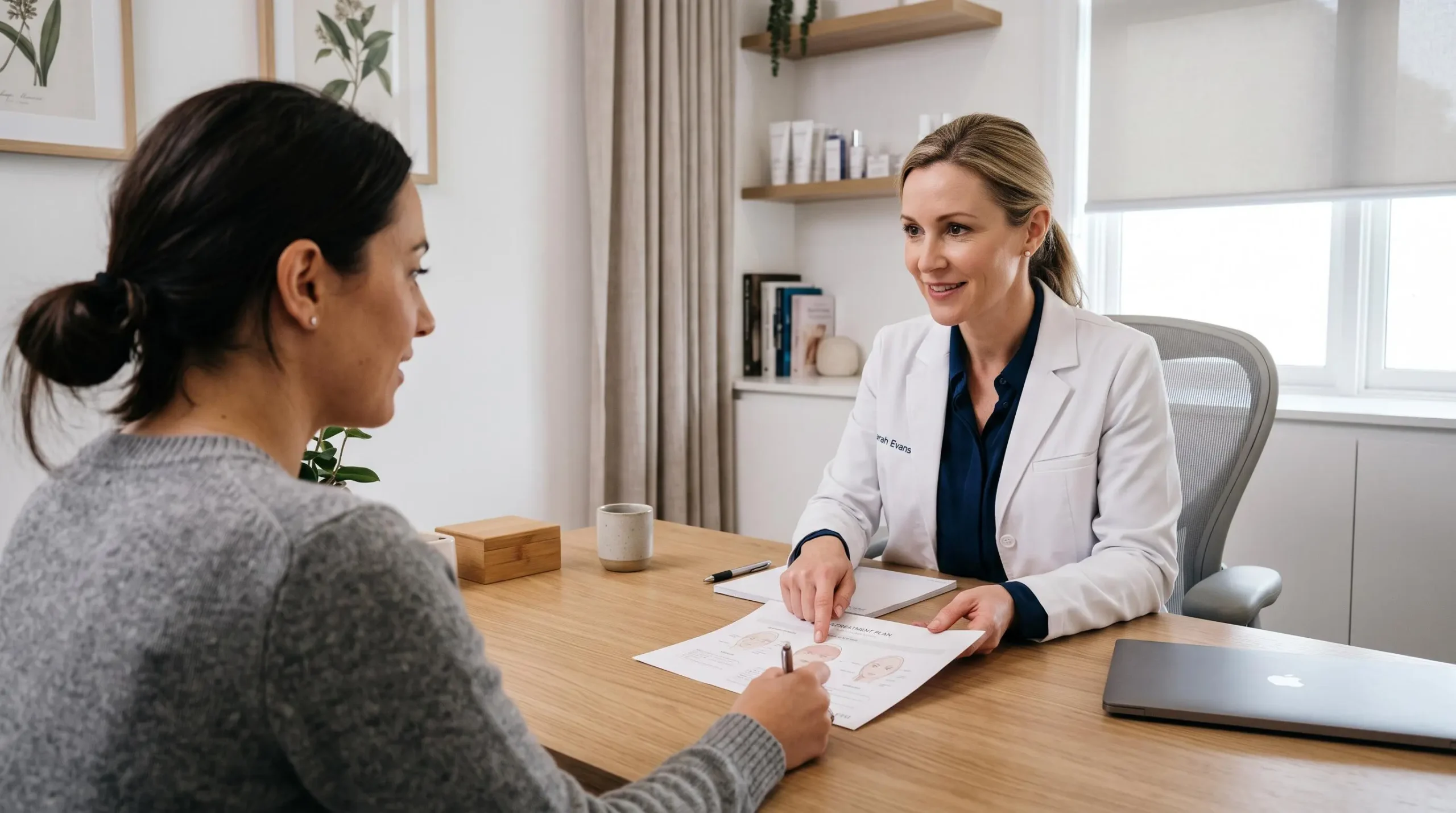 Un médecin explique un plan de traitement à une patiente en salle de consultation.