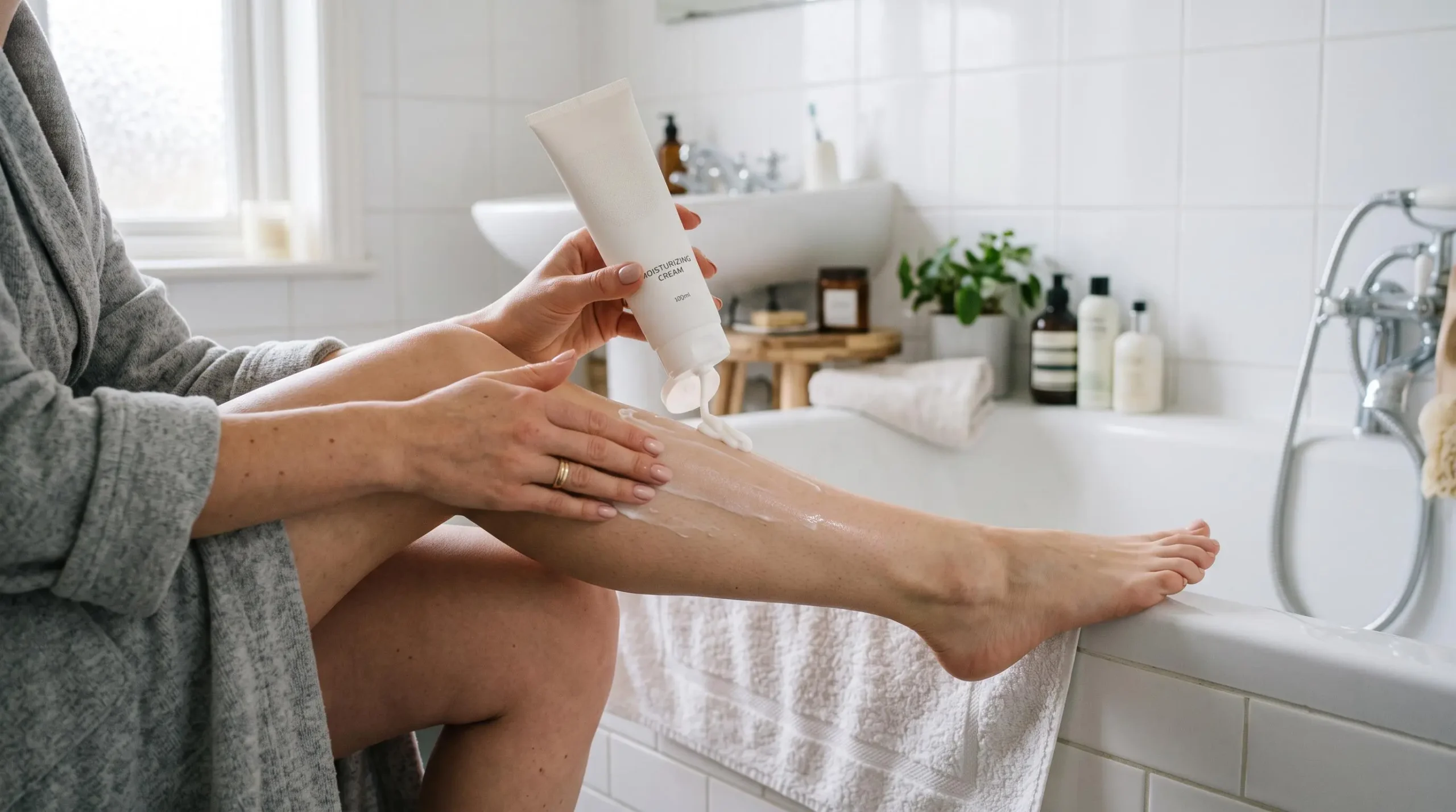 Une femme applique une crème hydratante sur sa jambe dans une salle de bain lumineuse.