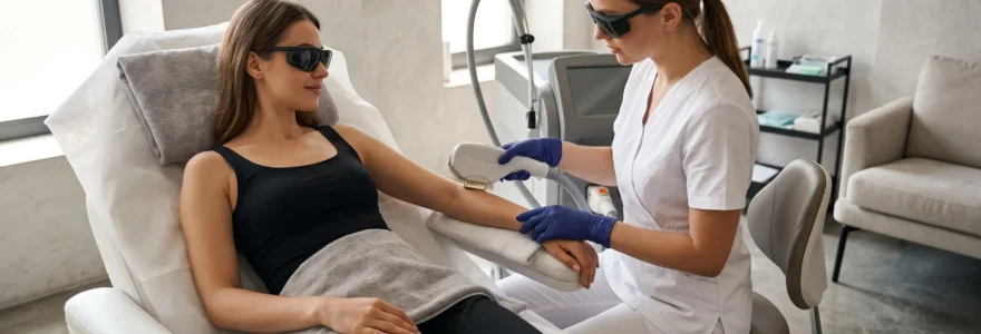 Une praticienne réalise une séance d'épilation laser sur l'avant-bras d'une patiente en clinique.